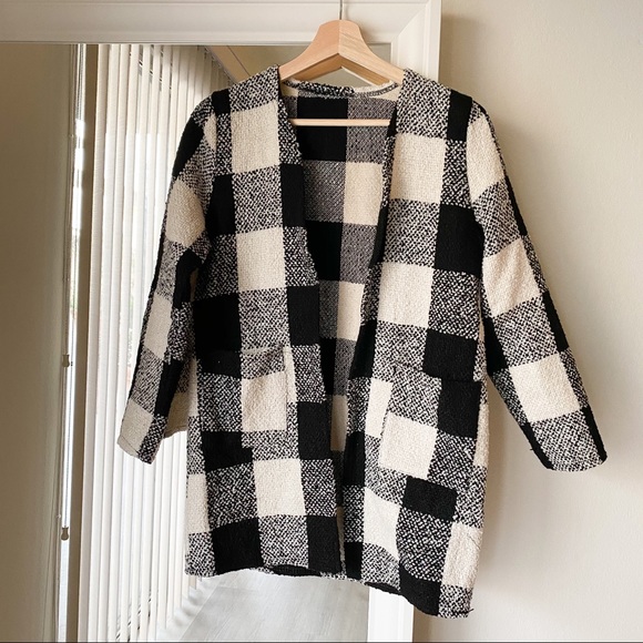 Jackets & Blazers - Black and white checkered/plaid tweed cardigan